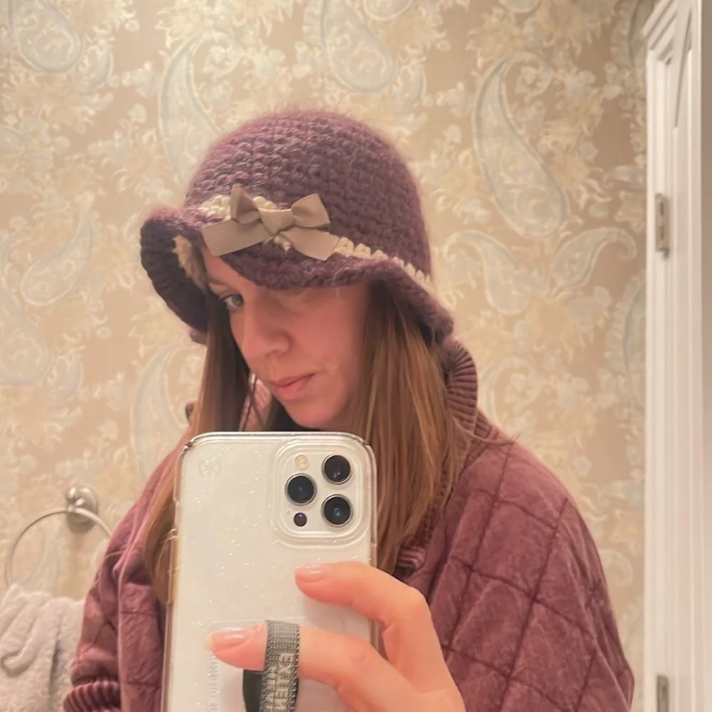 Handmade Crochet Beanie Brimmed satin bow Hat